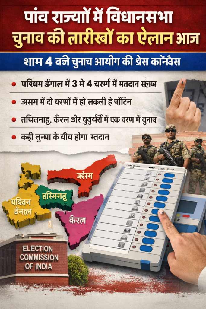 पांच राज्यों के विधानसभा चुनाव की तारीखों का आज होगा ऐलान, शाम 4 बजे चुनाव आयोग की प्रेस कॉन्फ्रेंस