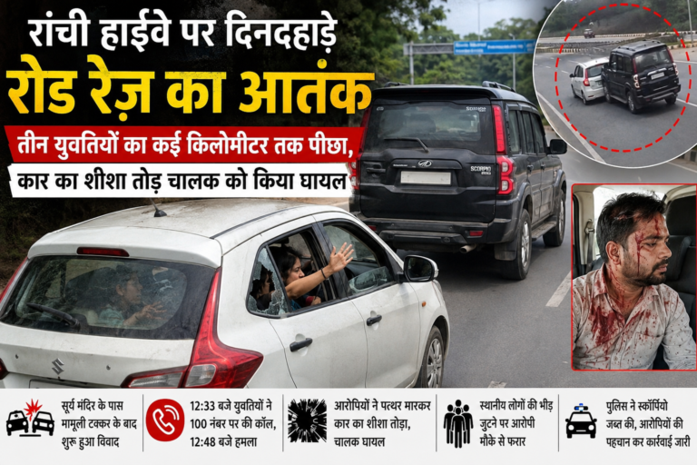 रांची हाईवे पर दिनदहाड़े रोड रेज का आतंक: तीन युवतियों का कई किलोमीटर तक पीछा, कार का शीशा तोड़ चालक को किया घायल, देखे विडिओ