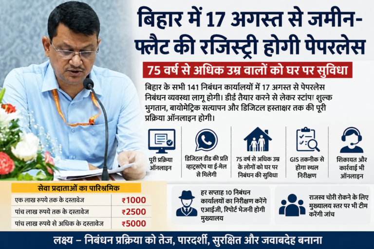 बिहार में 17 अगस्त से जमीन-फ्लैट की रजिस्ट्री होगी पेपरलेस, 75 वर्ष से अधिक उम्र वालों को घर पर सुविधा