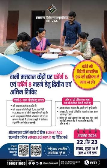 झारखंड : मतदाता सूची पुनरीक्षण के अंतिम विशेष शिविर आज और कल, पात्र नागरिक फॉर्म-6 भरकर नाम जुड़वाएं
