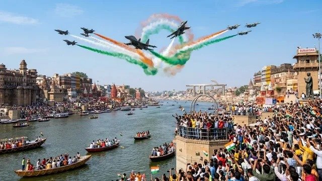 वाराणसी में एयरशो के पहले दिन लड़ाकू विमानों ने आसमान को तिरंगे के रंगों से सजाया